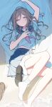  1girl beach beach_towel blue_eyes blue_sailor_collar blue_skirt blush bottle breasts brown_hair brown_shoes commentary_request gakuen_idolmaster highres himesaki_rinami holding holding_bottle idolmaster long_hair looking_at_viewer lying ningen_mame ocean on_back pleated_skirt ramune sailor_collar sailor_shirt school_uniform serafuku shirt shoes short_sleeves skirt smile socks solo towel unworn_shoes white_shirt white_socks 
