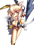  1girl blonde_hair blurry blurry_foreground breasts broken broken_chain chain cleavage clothing_cutout commentary_request corruption crossed_bangs cuffs demon_tail double-parted_bangs elbow_gloves evil_smile fang fingernails from_above full_cleavage gloves grruhuh hair_between_eyes hair_tie headgear highres leotard long_fingernails long_tail looking_at_viewer looking_up medium_hair navel navel_cutout open_mouth red_eyes revealing_clothes senki_zesshou_symphogear shackles sharp_fingernails sidelocks simple_background smile smug solo tachibana_hibiki_(symphogear) tail tail_raised white_background white_gloves 