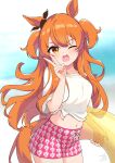  1girl animal_ears blush bow breasts brown_ribbon commentary_request comomo ear_bow ear_ribbon floral_print_shorts gaze_on_me!_outfit_(umamusume) hair_between_eyes highres holding holding_swim_ring horse_ears horse_girl horse_tail innertube long_hair looking_at_viewer male_swimwear mayano_top_gun_(umamusume) midriff navel one_eye_closed open_mouth orange_eyes orange_hair orange_tail pink_shorts print_shorts ribbon shirt shorts smile solo swim_ring swim_trunks tail tied_shirt two_side_up umamusume v white_shirt 