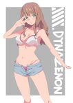  1girl absurdres bikini blue_shorts breasts brown_hair cleavage commentary_request copyright_name green_eyes grey_background gridman_universe highres long_hair looking_at_viewer medium_breasts minami_yume multicolored_bikini open_fly red_bikini short_shorts shorts solo ssss.dynazenon standing swimsuit thighs two-tone_background two-tone_bikini umayer white_background white_bikini 