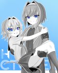  1boy 1girl absurdres basher blue_background blue_bow blue_eyes boros_(ouro_kronii) bow carrying closed_mouth commentary crossdressing crossdressing_(mtf) english_commentary gloves greyscale_with_colored_background hair_between_eyes hair_bow hair_intakes highres hololive hololive_english jacket looking_at_viewer miniskirt neckerchief open_clothes open_jacket ouro_kronii personification pointy_ears princess_carry school_uniform shirt short_hair short_sleeves skirt smile snake_boy snake_tail socks spot_color tail trap virtual_youtuber 