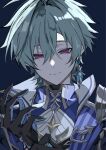  1boy adjusting_clothes adjusting_gloves armor black_choker black_gloves blue_background blue_coat blue_gem blue_hair blue_shirt choker closed_mouth coat collared_coat double-parted_bangs earrings gem genshin_impact gloves hair_between_eyes hair_intakes high_collar highres iota_1600 jewelry lohen_(genshin_impact) male_focus mole mole_under_eye multicolored_shirt open_clothes open_coat pauldrons piercing shirt short_hair shoulder_armor simple_background single_earring single_pauldron smile solo upper_body white_shirt wing_collar 