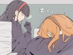  2girls absurdres aeng-du_(project_moon) black_hair black_jacket brown_hairband closed_eyes commentary_request hairband highres holding holding_pen ishmael_(project_moon) jacket lcd_(identity)_(project_moon) limbus_company long_hair mechanical_arms multiple_girls nose_bubble orange_hair paper_stack patipatipati_pa pen project_moon red_hairband rope sleeping very_long_hair 
