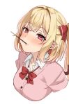  1girl alternate_costume amagi_(amagi626) blonde_hair blush bow bowtie breasts cardigan collared_shirt commentary_request contemporary flandre_scarlet food food_in_mouth hair_bow highres looking_at_viewer loose_bowtie medium_breasts pink_cardigan pocky pocky_in_mouth red_bow red_bowtie red_eyes school_uniform shirt simple_background smile solo textless_version touhou white_background white_shirt 