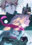  1girl 2boys absurdres aerith_gainsborough aqua_eyes armor artist_name ball black_coat black_gloves black_materia blonde_hair brown_hair closed_eyes cloud_strife coat copyright_name emi-bianchi falling_feathers falling_petals feathers final_fantasy final_fantasy_vii final_fantasy_vii_rebirth final_fantasy_vii_remake final_fantasy_vii_revelation gloves grey_hair hair_between_eyes highres holding holding_ball long_hair materia multiple_boys parted_bangs parted_lips pauldrons petals pink_ribbon ribbed_shirt ribbon sephiroth shirt short_hair shoulder_armor sidelocks turtleneck upper_body yellow_petals 