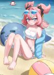  1girl absurdres anger_vein aqua_streaks aria_(human)_(zenless_zone_zero) aria_(zenless_zone_zero) ball barefoot beach beachball bikini black_bow blue-tinted_eyewear blue_archive blue_eyes blue_jacket blush bow commentary day doodle_sensei_(blue_archive) english_commentary eyewear_on_head feet frilled_bikini frills hair_bow highres hoshino_(blue_archive) hoshino_(swimsuit)_(blue_archive) inflatable_toy inflatable_whale ishiro jacket knees_up looking_at_viewer multicolored_hair navel ocean outdoors pink_hair sand sensei_(blue_archive) sitting smile solo_focus streaked_hair sunglasses swimsuit tinted_eyewear toes tongue tongue_out water white_bikini zenless_zone_zero 