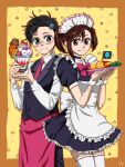  1boy 1girl alien alternate_costume apron ayase_momo black_choker black_dress black_hair black_pants black_vest blush border bow bowtie breasts brown_hair butler cat choker closed_mouth collared_shirt cowboy_shot dandadan dress fancy_dessert food glasses green_eyes hair_ornament hairclip highres holding holding_food maid maid_apron maid_headdress medium_breasts medium_hair necktie o_haosolidxxx official_alternate_costume orange_border pants parfait pink_apron pink_bow pink_bowtie pink_eyes pink_necktie puffy_short_sleeves puffy_sleeves round_eyewear shirt short_hair short_sleeves short_twintails smile takakura_ken_(dandadan) thighhighs turbo_granny_(dandadan) twintails vest waist_apron waistcoat wavy_mouth white_shirt white_thighhighs white_wrist_cuffs wrist_cuffs yellow_background 