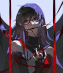  1girl absurdres between_fingers black_gloves black_scarf black_sleeves chinese_commentary commentary_request detached_sleeves fingerless_gloves gintama glasses gloves hair_between_eyes hair_flowing_over highres holding holding_shuriken holding_weapon huanjueji-phantom japanese_clothes kimono kunai long_hair long_sidelocks looking_to_the_side mole mole_under_eye moon mouth_hold ninja purple_eyes purple_hair red-framed_eyewear red_ribbon ribbon sarutobi_ayame scarf shuriken sidelocks sleeveless sleeveless_kimono solo upper_body weapon weapon_in_mouth 
