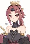  1girl beni-enma beni-enma_alter bird_hair_ornament black_dress blush breasts commentary detached_collar detached_sleeves dress fate/grand_order fate_(series) fgo_si hair_ornament highres long_hair looking_at_viewer low_ponytail parted_bangs ponytail red_eyes red_hair sash small_breasts solo untranslatable_commentary 
