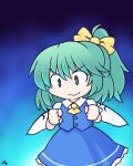  1girl 216 ascot blue_skirt blue_vest bow closed_mouth collared_shirt commentary_request daiyousei fairy fairy_wings green_eyes green_hair hair_bow long_hair shirt signature skirt skirt_set smile solo touhou vest wavy_mouth white_shirt wings yellow_ascot yellow_bow 