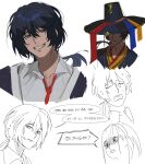  1boy 1girl absurdres aeng-du_(project_moon) bamboo-hatted_kim black_coat black_hair black_hanbok black_hat blue_eyes blunt_bangs coat collared_shirt exhausted glowing glowing_eye hairband hanbok hat hat_over_one_eye highres instdff jingasa korean_clothes limbus_company low_ponytail messy_hair multiple_views necktie one_eye_covered partially_colored partially_shaded_face ponytail project_moon red_necktie shirt sigh simple_background smile smirk sweatdrop translation_request white_background white_shirt white_trim 