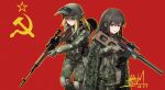  2girls as_val assault_rifle black_hair blonde_hair blue_eyes camouflage camouflage_jacket camouflage_pants commentary dated dragunov_svd feet_out_of_frame gloves green_jacket green_pants grey_eyes grey_gloves gun hammer_and_sickle helmet highres holding holding_gun holding_weapon jacket long_hair miliki multiple_girls original pants rifle scope signature sniper_rifle standing weapon 