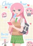  1girl absurdres bag bang_dream! bang_dream!_it's_mygo!!!!! brown_sweater_vest character_doll character_name chibigurumi chihaya_anon commentary dated doll fang food green_skirt grey_bag grey_jacket haneoka_school_uniform heart highres holding holding_food holding_popsicle jacket kekego long_hair open_mouth pink_hair plaid_clothes plaid_skirt popsicle school_uniform shirt shoulder_bag skirt sweater_vest teeth upper_teeth_only white_shirt 