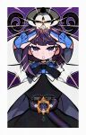  1girl belt black_dress black_hair blue_gloves blush breasts coat commentary_request dress gloves grey_hat gwynn_(pokemon) hacco_mayu hat highres long_sleeves looking_at_viewer open_mouth pokemon pokemon_legends:_z-a purple_eyes short_hair small_breasts solo white_coat 