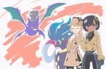  2girls alternate_costume asatsuki_(fgfff) black_hair blonde_hair blue_eyes blush_stickers bodysuit bodysuit_under_clothes closed_eyes closed_mouth coat commentary_request crobat emma_(pokemon) espurr eyelashes gloves hair_between_eyes hair_ornament hand_on_another's_hip hand_on_own_chin hand_up hat long_hair malamar multiple_girls pokemon pokemon_(creature) pokemon_legends:_z-a pokemon_x_and_y riding riding_pokemon serena_(pokemon) short_hair side_ahoge smile sparkle stroking_own_chin 