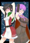  2girls absurdres ahoge arizuka_(ariduka_jai) armpits arms_up belt black_hair blue_eyes blush braid breasts commentary_request date_akari date_akari_(holiday_star_night) elbow_gloves embarrassed gloves hair_ornament hairclip heaven_burns_red highres long_hair looking_at_viewer multicolored_hair multiple_girls nikaidou_misato nikaidou_misato_(holiday_ring_a_bell) nose_blush pink_hair pink_streaks presenting_own_armpit purple_eyes santa_costume streaked_hair tearing_up 