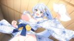  1girl @_@ artist_request bath_yukata blue_hair breasts convenient_hair ear_piercing floral_print floral_print_kimono from_below game_asset hair_ornament high_ponytail holding holding_pillow indoors japanese_clothes julia_barnes kimono large_breasts long_hair muv-luv muv-luv_girls_garden official_art open_mouth piercing pillow pillow_fight ponytail print_kimono ringed_eyes solo sweatdrop third-party_source yukata 