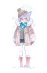  1girl absurdres alternate_costume animal_ear_fluff animal_ears beanie black_skirt blue_archive blue_eyes blue_halo blue_scarf boots chinese_commentary coat commentary_request cross cross_hair_ornament duffel_coat extra_ears full_body fur-trimmed_boots fur-trimmed_gloves fur_trim gang_shi_shao_e_fan gloves grey_hair grey_sweater hair_ornament halo hat highres inverted_cross mismatched_pupils open_clothes open_coat pantyhose red_boots red_gloves scarf shiroko_(blue_archive) shiroko_(young)_(blue_archive) simple_background skirt solo sweater white_background white_pantyhose wolf_ears wolf_girl 