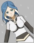 1girl blue_eyes blue_hair bodysuit breasts commentary covered_navel grey_background highres inazuma_eleven inazuma_eleven_(series) large_breasts long_hair looking_at_viewer multicolored_hair no_pupils piyoko_369 popped_collar solo the_genesis two-tone_hair white_bodysuit white_hair yagami_reina 