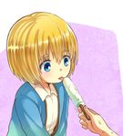  armin_arlert blonde_hair blue_eyes blush food licking moxue_qianxi popsicle shingeki_no_kyojin short_hair solo_focus sweat tongue younger 