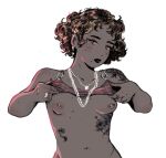  barbell_piercing bead_necklace beads black_lips blush breasts breasts_apart brown_eyes brown_hair chain chain_necklace chlowski clothes_lift curly_hair dark-skinned_female dark_skin ear_piercing earrings english_commentary eyeshadow finger_tattoo flower_tattoo freckles gender_transitioning highres jewelry makeup mole mole_under_mouth multiple_moles necklace nipple_piercing nipples no_bra original perky_breasts piercing pink_eyeshadow ring shirt_lift short_hair shoulder_tattoo sidelighting small_breasts star_(symbol) star_earrings stomach_tattoo tattoo white_background 