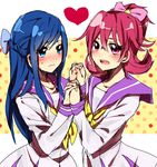  aida_mana bad_id bad_pixiv_id blue_eyes blue_hair blush bow dokidoki!_precure flipped_hair half_updo hishikawa_rikka holding_hands interlocked_fingers long_hair multiple_girls oogai_daiichi_middle_school_uniform open_mouth pink_bow pink_eyes pink_hair polka_dot polka_dot_background precure purple_sailor_collar sailor_collar school_uniform short_hair suurin_(ksyaro) yuri 