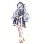  1girl bare_legs black_ribbon blue_dress blue_hairband brown_shoes collared_dress commentary_request dress frilled_hairband frilled_sleeves frills full_body hair_over_one_eye hair_ribbon hairband lolita_hairband long_hair looking_at_viewer mahou_shoujo_no_majo_saiban musica_musica natsume_an-an polka_dot polka_dot_background puffy_short_sleeves puffy_sleeves purple_eyes ribbon shoes short_sleeves simple_background smile solo striped_clothes striped_dress water white_background white_hair 