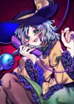  1girl commentary_request disembodied_linked_eye frilled_shirt frills green_eyes green_hair green_skirt highres koi koishi_day komeiji_koishi long_sleeves looking_at_viewer medium_hair open_mouth shigure._(tennensui) shirt skirt solo touhou wide_brim yellow_shirt 