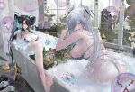  3girls :> absurdres aqua_hair ass barefoot bath bathing bathroom bathtub bikini black_bikini black_collar black_hair black_nails blue_eyes blue_hair breasts bubble bubble_bath character_doll cinderella_(nikke) cleavage collar commentary dice doll dripping english_commentary faucet flower goddess_of_victory:_nikke gretel_(nikke) grey_bikini grey_hair hansel_(nikke) highres in_bathtub koto_omikami large_breasts little_mermaid_(nikke) long_hair multiple_girls o-ring o-ring_bikini o-ring_bottom partially_submerged red_eyes rubber_duck same-sex_bathing shared_bathing shoes slippers smile soap soap_bubbles soles swimsuit toes twintails very_long_hair water white_flower white_shoes window yellow_eyes yuni_(chimera)_(nikke) yuni_(nikke) 