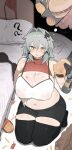  1girl ? ?? absurdres alternate_breast_size_(larger) bangboo_(zenless_zone_zero) bare_shoulders bed black_bra black_thighhighs blush bra breasts burger caesar_king_(zenless_zone_zero) commentary_request covered_nipples fatter_than_canon food food_on_body food_on_face french_fries grey_hair hair_between_eyes hair_intakes hair_ornament hairclip highres holding holding_burger holding_food huge_breasts kneeling korean_commentary navel parted_lips pillow pinching_own_belly plump skindentation solo stomach thick_thighs thighhighs thighs underwear unworn_bra weight_conscious white_bra wish44_12 yellow_eyes zenless_zone_zero 