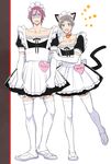  alternate_costume animal_ears apron arm_grab bell bell_collar blue_eyes blush cat_ears collar crossdressing dress elbow_gloves enmaided free! full_body gloves grey_hair maid maid_headdress male_focus matsuoka_rin multiple_boys nitori_aiichirou open_mouth oshidorio red_eyes red_hair ribbon shaded_face sharp_teeth smile teeth thighhighs v white_legwear 