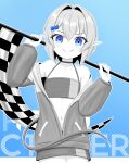  1boy absurdres bare_shoulders basher bikini blue_background blue_bow blue_eyes boros_(ouro_kronii) bow checkered_flag choker closed_mouth commentary cowboy_shot crop_top crossdressing crossdressing_(mtf) english_commentary flag greyscale_with_colored_background hair_between_eyes hair_bow hair_intakes hair_ornament highres holding holding_flag hololive hololive_english jacket jacket_partially_removed long_sleeves looking_at_viewer male_focus male_race_queen navel partially_unzipped personification pointy_ears race_queen short_hair smile snake_boy snake_tail solo spot_color swimsuit tail trap virtual_youtuber 