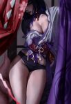 1girl absurdres artist_name bekus black_panties breasts cleavage closed_mouth commentary curtains earrings english_commentary fluffy_tail genshin_impact hair_ornament happy_birthday highres indoors japanese_clothes jewelry kimono large_breasts long_hair looking_at_viewer mole mole_on_breast mole_on_thigh mole_under_mouth multiple_moles multiple_tails obijime one_eye_covered panties pink_tail purple_eyes purple_hair purple_kimono raiden_shogun red_sash sash solo tail tassel tassel_earrings thighs tomoe_(symbol) underwear veins veiny_breasts yae_miko 