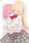  2girls :t @_@ amaori_renako ashigaya_high_school_uniform border bow bowtie closed_eyes closed_mouth collared_shirt commentary_request grey_background grey_skirt highres hug kai3700 long_hair medium_hair multiple_girls ouzuka_mai pink_hair plaid_clothes plaid_skirt pleated_skirt pout purple_eyes red_bow red_bowtie school_uniform shirt skirt speech_bubble translated watashi_ga_koibito_ni_nareru_wake_naijan_murimuri! white_border white_shirt yuri 