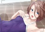  1girl animal_ears blue_eyes blue_one-piece_swimsuit blush breasts brown_hair commentary_request covered_navel hair_between_eyes highres horse_ears horse_girl jime_asyl long_hair_between_eyes looking_at_viewer narita_taishin_(umamusume) one-piece_swimsuit open_mouth school_swimsuit short_hair small_breasts solo swimsuit tile_floor tiles tongue tracen_swimsuit umamusume viewfinder 
