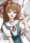  1girl blue_eyes blue_shirt commentary highres interface_headset_(evangelion) long_hair neon_genesis_evangelion open_mouth orange_hair qiqi52077 school_uniform shirt short_sleeves solo souryuu_asuka_langley untranslatable_commentary upper_body white_shirt 