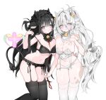  2girls :< absurdres ahoge animal_ears animal_print arm_around_another's_back armlet bell black_bra black_eyes black_garter_straps black_hair black_panties black_ribbon black_thighhighs bow bow_bra bra bra_pull breast_press breasts bustier clothes_pull commentary commission cow_ears cow_girl cow_horns cow_print cow_tail cowbell cowboy_shot cream detached_collar fake_animal_ears fake_tail food food_on_body food_on_breasts frilled_armlet frilled_hairband frilled_panties frills garter_belt garter_straps grey_eyes hair_between_eyes hair_intakes hairband hand_up heart heart-shaped_pupils heterochromia highres holding holding_leash horns jewelry kichiko_(ryu10855) large_breasts leash lingerie long_hair looking_at_viewer mole mole_under_mouth multicolored_hair multiple_girls navel neck_bell original panties panty_pull ponytail ribbon sideboob skindentation spotted_skin stomach strap_pull symbol-shaped_pupils tail thighhighs two-tone_hair underboob underwear underwear_only untranslatable_commentary very_long_hair watermark white_bustier white_garter_belt white_hair white_panties white_thighhighs 