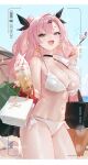  1girl absurdres bag bikini blue_sky breasts cleavage commentary_request cream_on_breasts earrings far_side food green_eyes heart heart_earrings highres holding holding_bag holding_spoon ice_cream jewelry large_breasts long_hair mole mole_on_breast mole_under_eye multiple_moles navel nicole_demara open_mouth pink_hair shopping_bag sky smile solo spoon stomach sundae swimsuit thighs twintails very_long_hair white_bikini zenless_zone_zero 