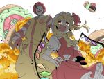  1boy 1girl :d ascot blonde_hair bow burger clown clown_makeup crystal_wings explosion explosion_background fangs flandre_scarlet food frilled_sleeves frills gloves hands_on_own_hips hat hat_bow highres jumpsuit lettuce mangpum_(taro109210) mcdonald's mob_cap multicolored_wings orange_eyes pointy_ears puffy_short_sleeves puffy_sleeves red_bow red_hair red_skirt red_vest ronald_mcdonald shirt short_sleeves side_ponytail skirt smile striped_clothes striped_shirt tomato tomato_slice touhou v-shaped_eyebrows vest white_background white_shirt wings yellow_ascot yellow_gloves yellow_jumpsuit 