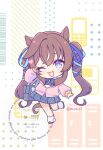  1girl :d ;d animal_ears blue_bow blue_eyes blue_ribbon blue_skirt bow brown_hair brown_shoes cardigan chibi collared_shirt commentary_request gyaru hair_between_eyes hair_ribbon hand_up horse_ears horse_girl horse_tail koruri long_sleeves multicolored_hair one_eye_closed pink_cardigan pleated_skirt puffy_long_sleeves puffy_sleeves ribbon shirt shoes skirt sleeves_past_wrists smile socks solo standing standing_on_one_leg streaked_hair tail twintails twitter_username umamusume v vivlos_(umamusume) watermark white_hair white_shirt white_socks 
