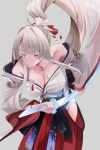  1girl absurdres bare_shoulders breasts closed_mouth colored_eyelashes commentary connyalow grey_background hair_ribbon hakama hakama_skirt highres hiyuki_(wuthering_waves) holding holding_sword holding_weapon japanese_clothes jewelry katana kimono large_breasts long_hair long_sleeves looking_at_viewer necklace off_shoulder ponytail red_eyes red_hakama red_ribbon ribbon simple_background skirt solo sword weapon white_eyelashes white_hair white_kimono wide_sleeves wuthering_waves 