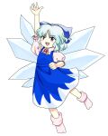  1girl arm_up blue_bow blue_dress blue_hair blush bow cirno collared_shirt derivative_work detached_wings dress embodiment_of_scarlet_devil fairy full_body hair_bow highres ice ice_wings leg_up official_art_redraw open_mouth pinafore_dress pink_shirt pink_socks praeto puffy_short_sleeves puffy_sleeves shirt short_hair short_sleeves simple_background sleeveless sleeveless_dress smug socks solo sprite_redraw touhou v-shaped_eyebrows watermark wavy_hair white_background wings zun_(style) 