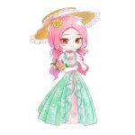  1girl animal_print artist_request bouquet brown_eyes brown_hat butterfly_print chibi chinese_commentary closed_mouth commentary_request commission daisy_(flower) dress eyes_visible_through_hair floral_print flower frilled_gloves frilled_hat frills gloves gown green_dress hair_flower hair_ornament hand_on_own_chest happy hat highres holding holding_bouquet infinity_nikki lace-trimmed_dress lace-trimmed_headwear lace_trim layered_dress long_hair nikki_(nikki) nikki_(series) outline pendant_earrings pink_dress pink_flower pink_hair pink_ribbon pink_rose print_dress ribbon rose second-party_source short_sleeves sidelocks simple_background smile solo sun_hat tsurime under-elbow_gloves verdant_melodies_(infinity_nikki) very_long_hair waist_ribbon wavy_hair white_background white_flower white_gloves white_outline white_sleeves yellow_flower yellow_rose 