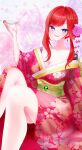  1girl arm_tattoo breasts cleavage commentary dragon_tattoo elly_(vtuber) english_commentary floral_print flower green_eyes hair_flower hair_ornament highres indie_virtual_youtuber io_07 japanese_clothes kimono large_breasts legs looking_at_viewer pink_flower pink_rose red_hair red_kimono rose smile solo tattoo virtual_youtuber 