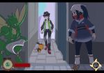  1boy 1girl akari_(pokemon) alley asatsuki_(fgfff) belt black_hair black_hat black_pants black_pantyhose black_shirt blue_belt brown_shoes closed_mouth commentary green_jacket grey_eyes hat headscarf hisuian_heavy_ball holding holding_poke_ball jacket letterboxed open_clothes open_jacket pants pantyhose paxton_(pokemon) poke_ball pokemon pokemon_(creature) pokemon_legends:_arceus pokemon_legends:_z-a ponytail red_scarf red_shoes sash scarf scyther shadow shirt shoes sidelocks skirt smile socks standing tepig white_shirt white_socks 