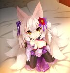  1girl after_fellatio animal_ears bad_id bad_twitter_id black_dress blush bow breasts cleavage cleavage_cutout clothing_cutout cum cum_in_mouth cum_on_body cum_on_breasts dress emil_chronicle_online facial flower fox_ears fox_girl fox_tail frilled_jacket frills hair_bow hair_flower hair_ornament highres jacket large_breasts looking_at_viewer multiple_tails on_bed purple_bow purple_jacket purple_sash sash sitting solo tail tamamo_lore touko_olivia wariza white_hair yellow_eyes 