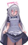 1girl apron black_dress black_hairband blue_archive blush commentary double-parted_bangs dress frilled_apron frills hair_between_eyes hairband halo heart heart-shaped_pupils highres holding_own_dress kei_(blue_archive) kei_(student)_(blue_archive) long_hair_between_eyes maid maid_apron manjie pink_eyes pink_halo puffy_short_sleeves puffy_sleeves rectangular_halo ringed_eyes short_sleeves symbol-shaped_pupils white_apron white_hair 
