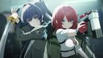  2girls artist_request black_shirt blue_eyes blue_hair closed_mouth coat coat_on_shoulders fur-trimmed_coat fur_trim game_asset gloves green_coat hair_ribbon high_ponytail holding holding_sword holding_weapon long_hair medium_hair mitsurugi_meiya multiple_girls muv-luv muv-luv_alternative muv-luv_girls_garden necktie official_art ponytail red_gloves red_hair red_necktie ribbon sakakino_hiiro shirt sword third-party_source un_uniform_(muv-luv) upper_body weapon white_ribbon 