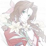  1girl aerith_gainsborough arm_belt bangle bracelet braid braided_ponytail breasts brown_hair choker closed_mouth commentary_request dress final_fantasy final_fantasy_vii final_fantasy_vii_remake flower flower_choker green_eyes hair_ribbon holding holding_flower jacket jewelry lily_(flower) linerhan long_hair looking_at_viewer medium_breasts parted_bangs pink_dress pink_ribbon red_jacket ribbon sidelocks single_braid smile solo upper_body white_background yellow_flower 