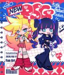  2girls alternate_costume alternate_hairstyle blonde_hair blue_eyes commentary_request english_text green_eyes hatake_(hatanosuke) headphones headphones_around_neck highres multicolored_hair multiple_girls panty_&amp;_stocking_with_garterbelt panty_(psg) purple_nails red_skirt shirt skirt stocking_(psg) twintails two-tone_hair white_shirt y2k_fashion 